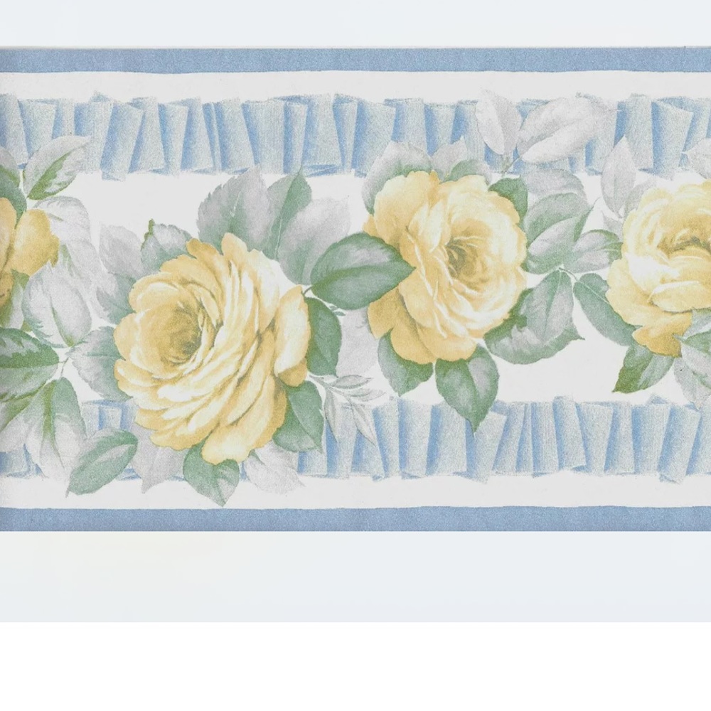 Vintage Imperial Wallpaper Border Yellow Tea Roses Blue Ribbon Swag 5 Yds NIP